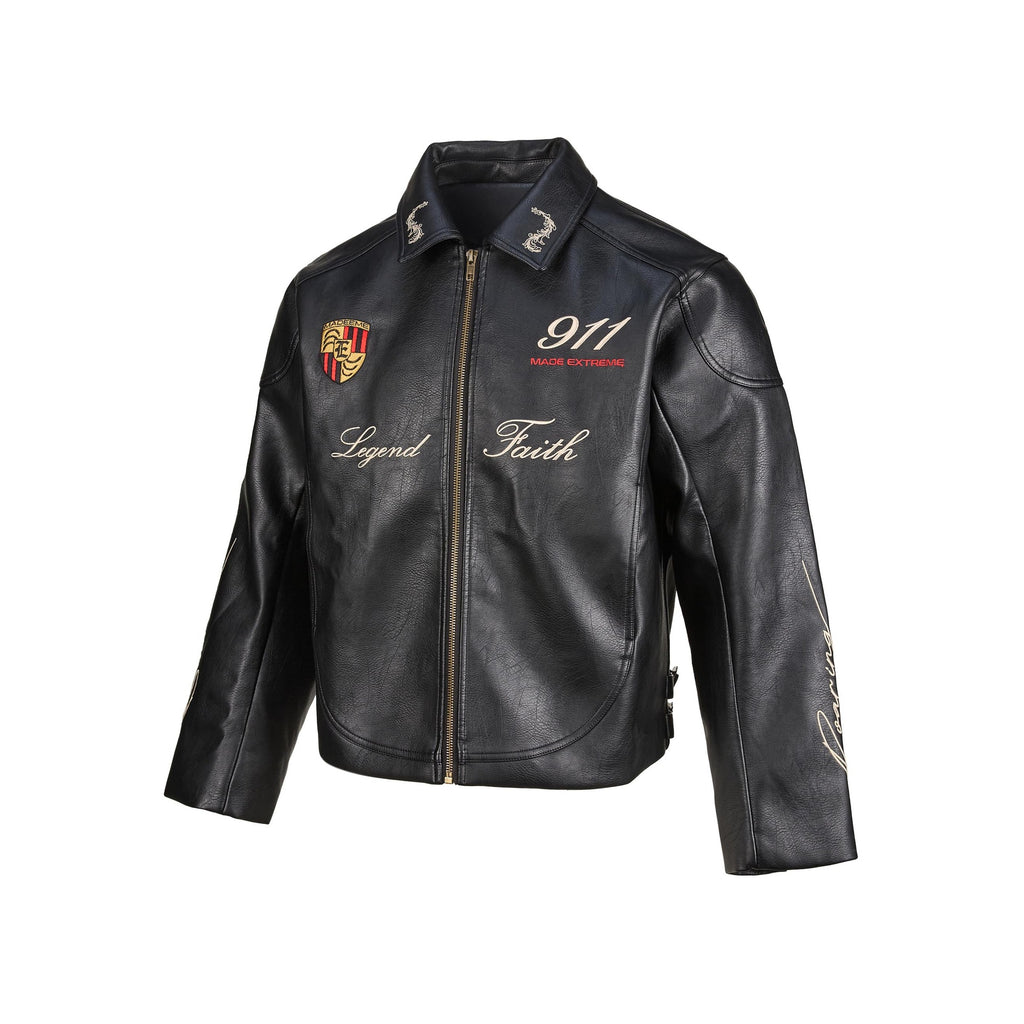 Street Biker Heavy Embroidery Long Sleeve PU Leather Zipper Lapel Crop Men's Jacket