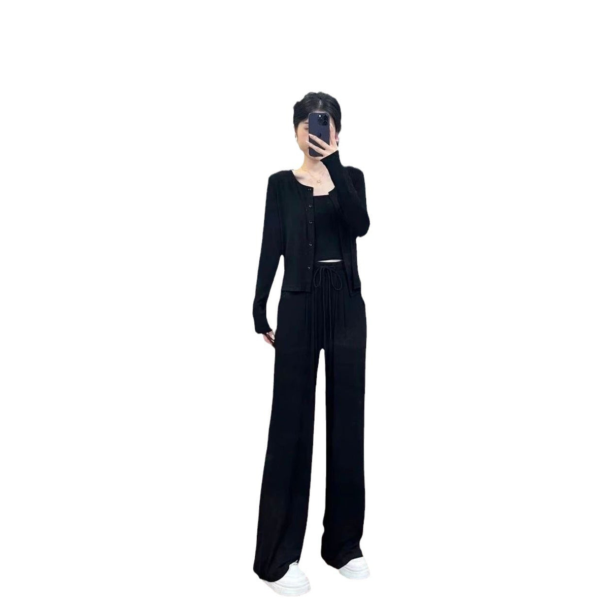 Autumn Lightweight Activewear Set, Casual Fashionable Loose Wide-Leg Pants with Cardigan Jacket, 3-Piece Women's Outfit