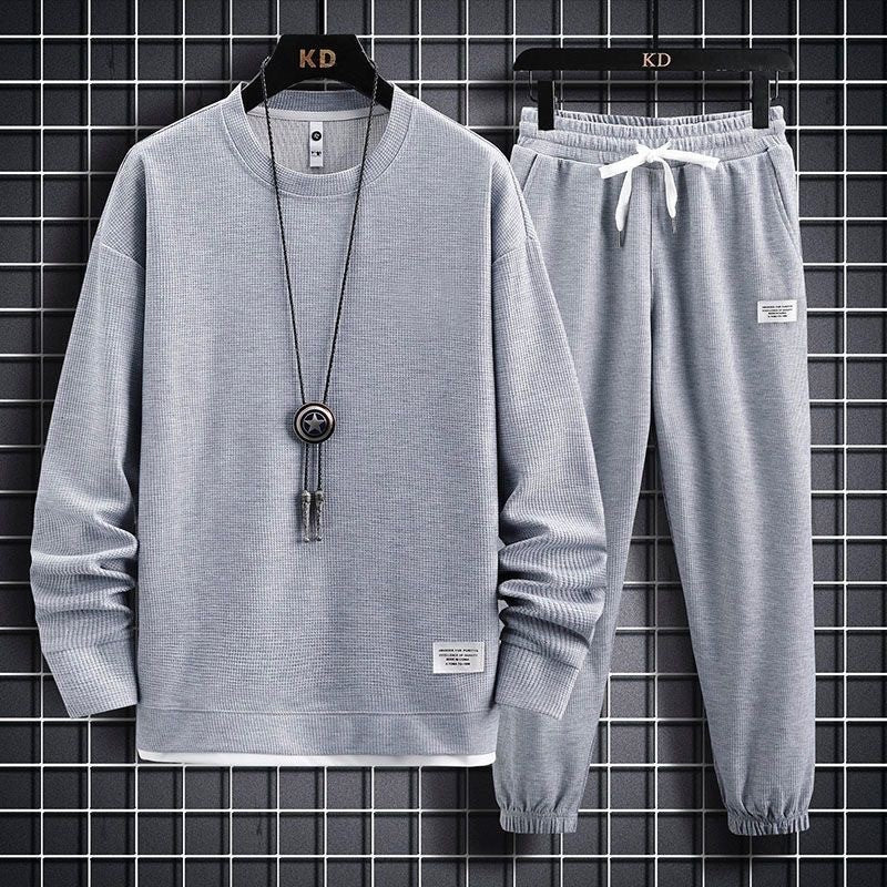Men's Waffle Knit Casual Long Sleeve Long Pants Two-Piece Set