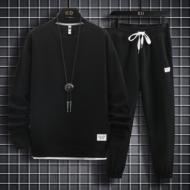 Men's Waffle Knit Casual Long Sleeve Long Pants Two-Piece Set