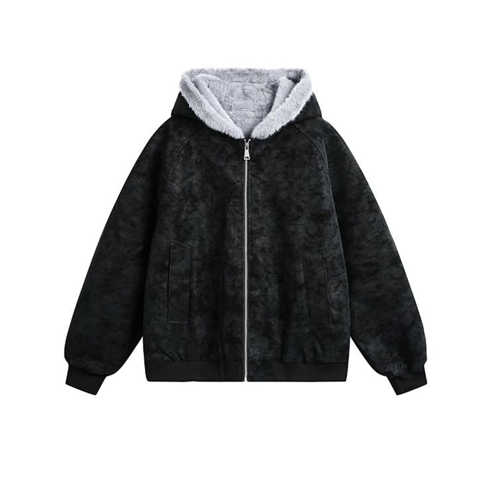 Leather Rabbit Fur Plush Fleece Lined Jacket Unisex Winter Thickened Warm Outerwear