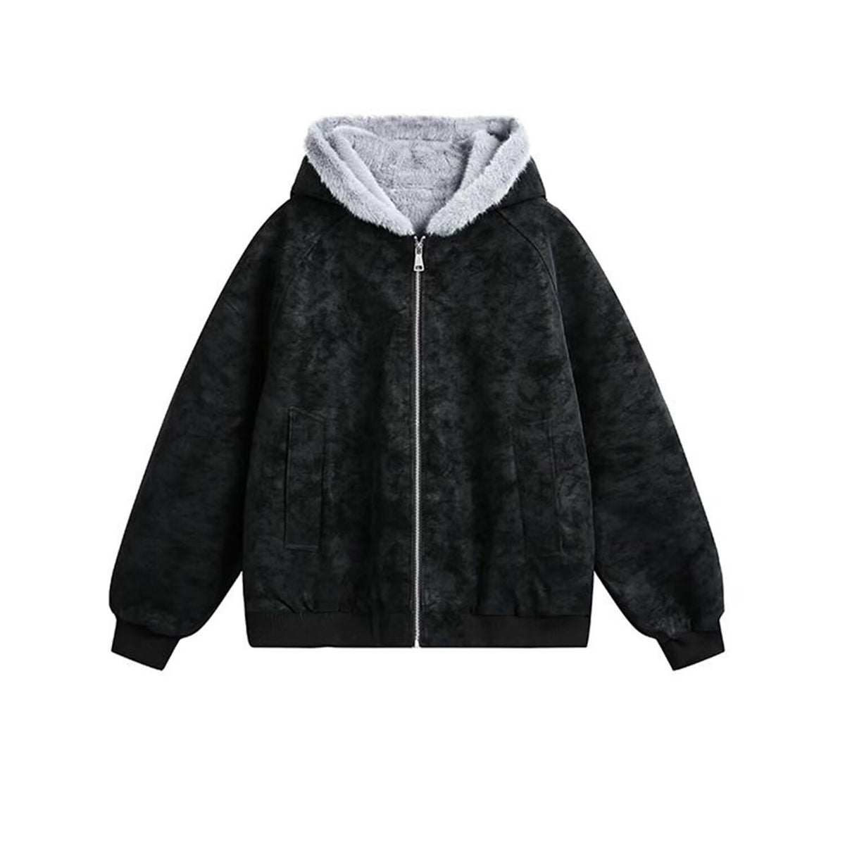 Leather Rabbit Fur Plush Fleece Lined Jacket Unisex Winter Thickened Warm Outerwear