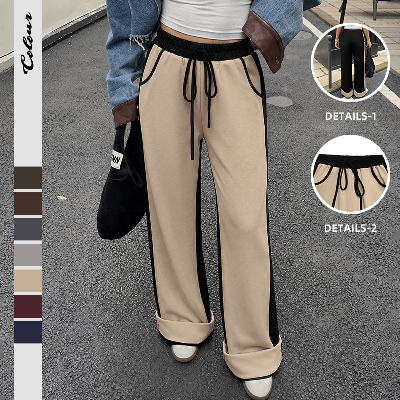 Color Block Spliced Thickened High Waist Cuffed Sweatpants for Women