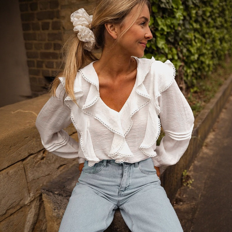 Lace Splicing Ruffle Long Sleeve V-Neck White Women's Shirt