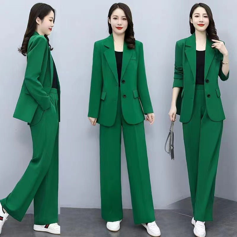 Professional Woman's Autumn/Winter New Set, Elegant and Slim-Fitting Long Sleeve Suit Jacket with Wide-Leg Pants Two-Piece Outfit for Women
