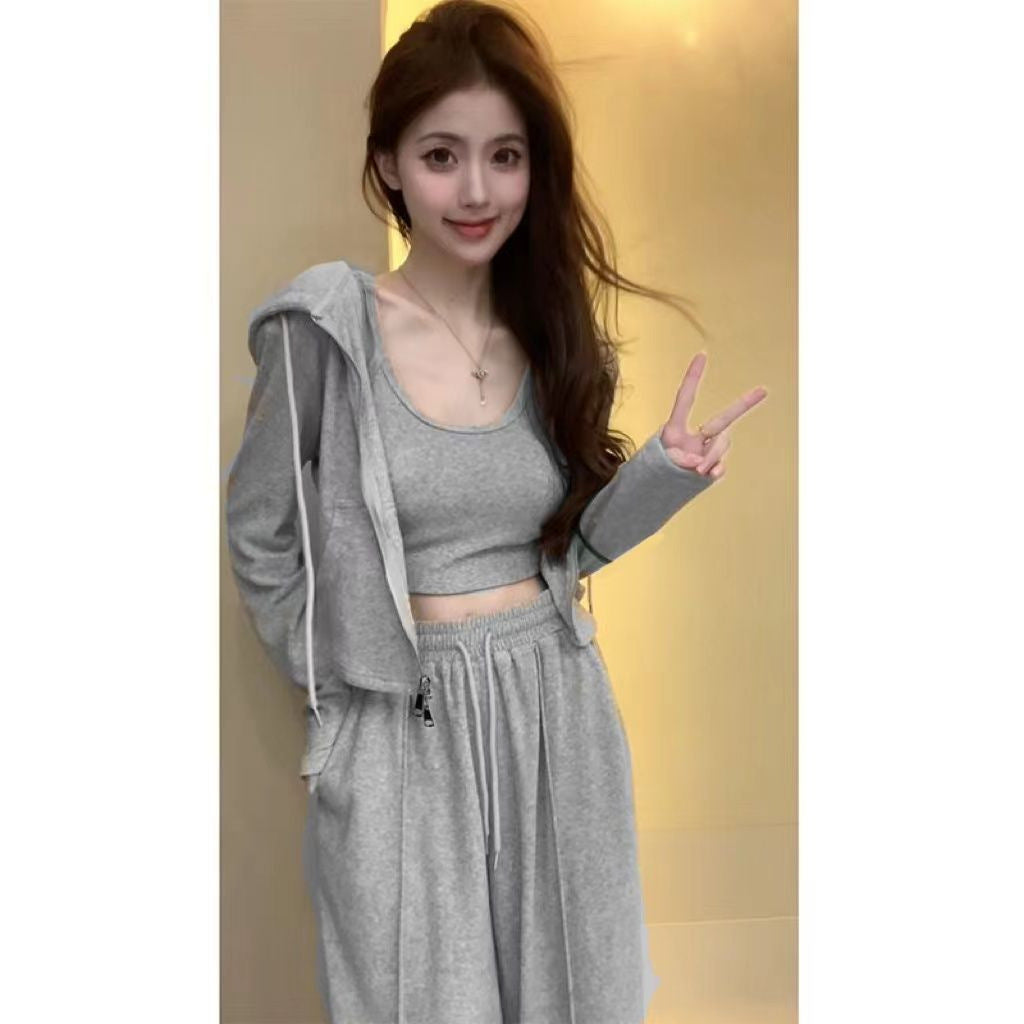 Spring and Summer New Fashion Set, Elegant Sexy Women's Crop Top, Long Sleeve Cardigan, High Waist Floor-Length Pants 3-Piece Set