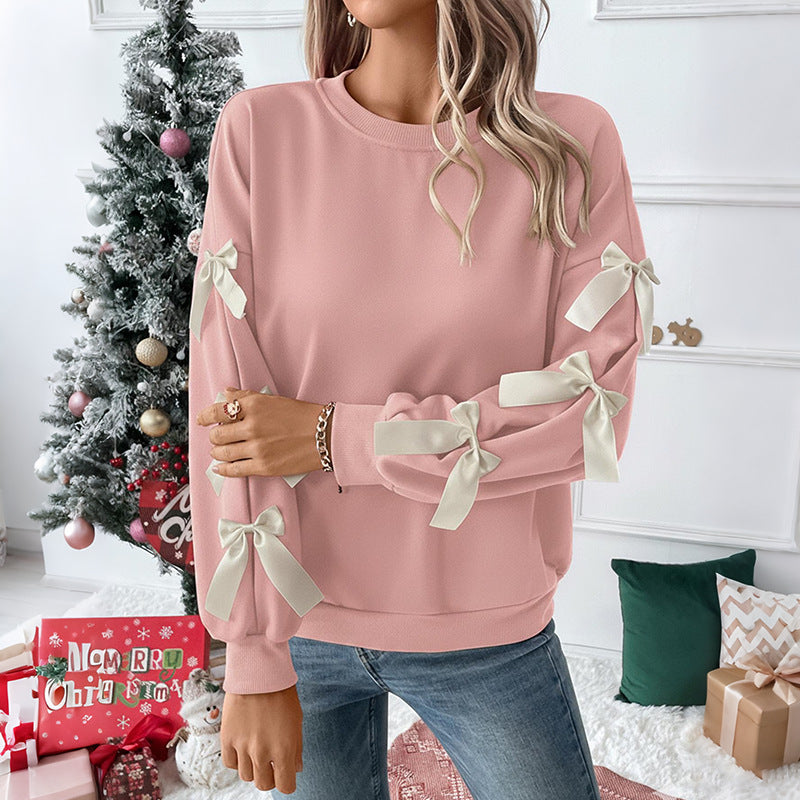 Women's Pink Long Sleeve Crew Neck Bow Detail Christmas Sweatshirt