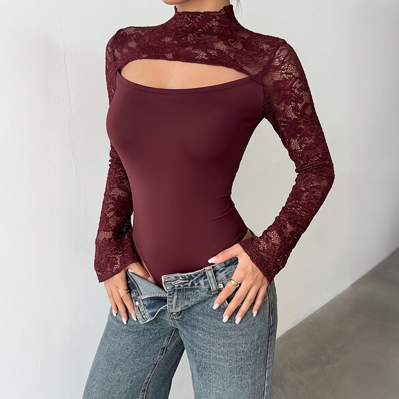 Women's Lace Long Sleeve Mock Neck Cut Out Sheer Spliced Jumpsuit