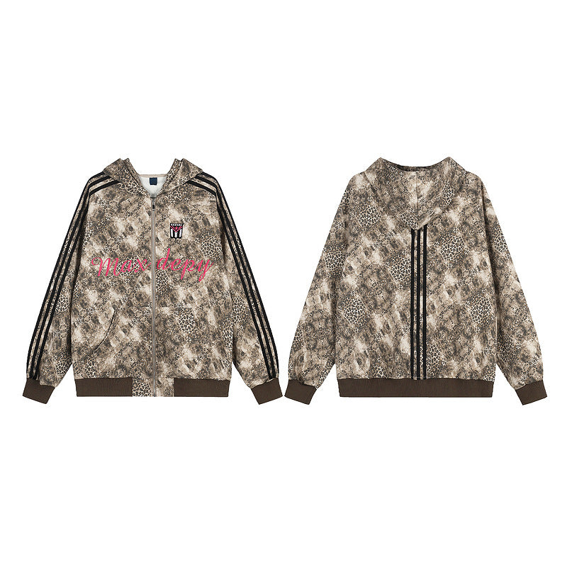 Leopard print three bar hooded sweatshirt with zipper cardigan