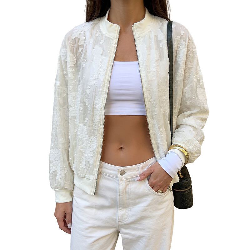 Stand up collar zipper see through long sleeved jacket