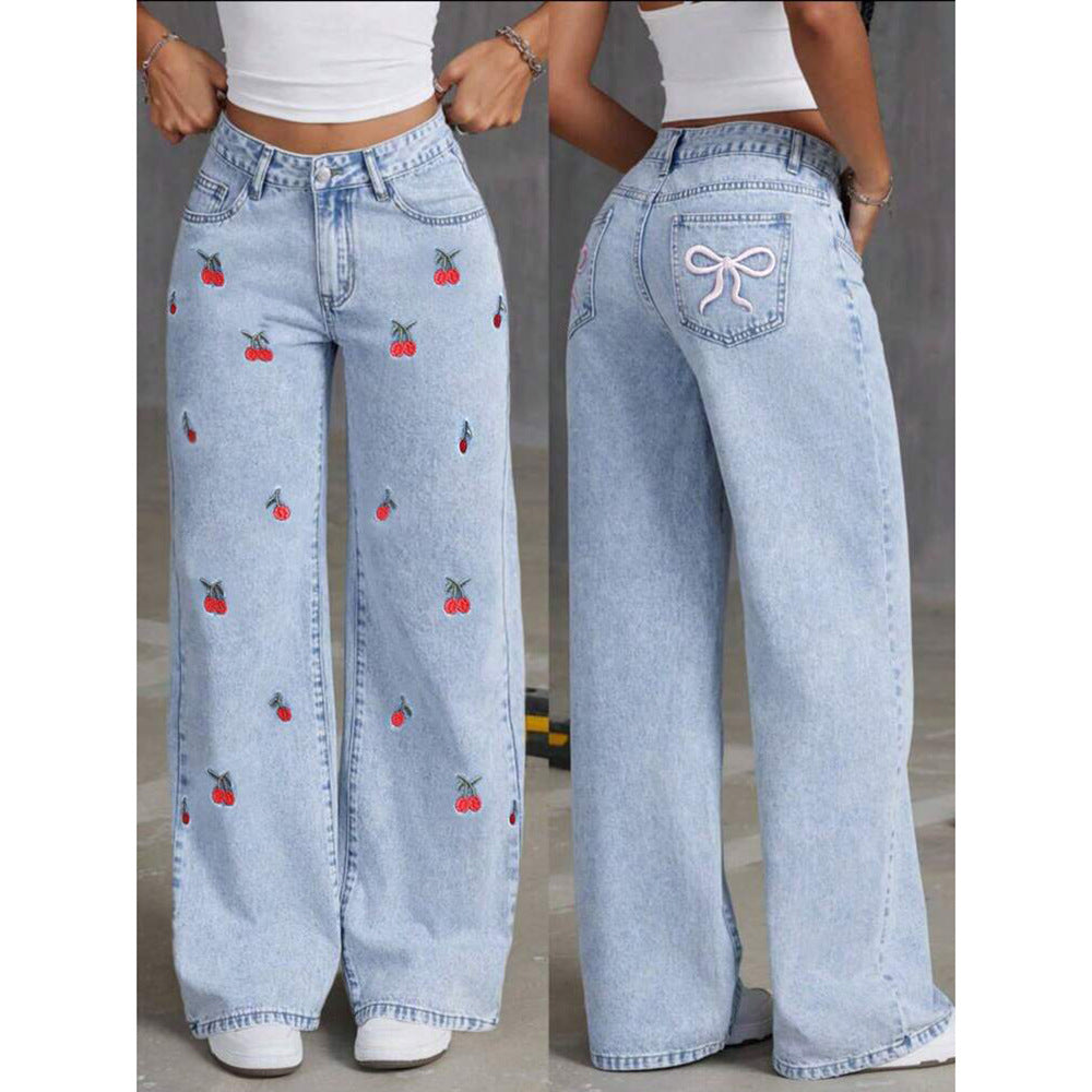 Vintage Denim Pants High-Fall Straight Loose Wide Leg Long Trousers Trendy