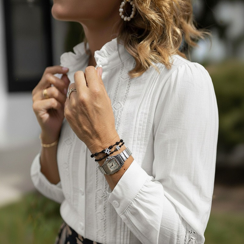 Splicing Lace Hollow Out Long Sleeve Stand Collar White Shirt