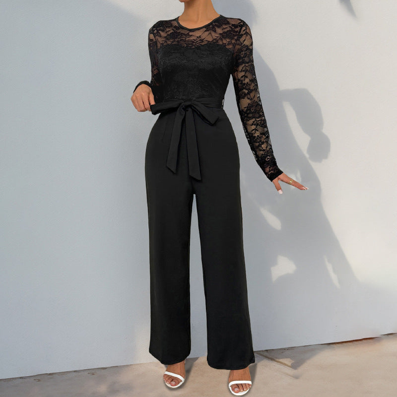 Women's Long Sleeve Drapey Lace Wide Leg Patchwork Tie Waist Loose Fit