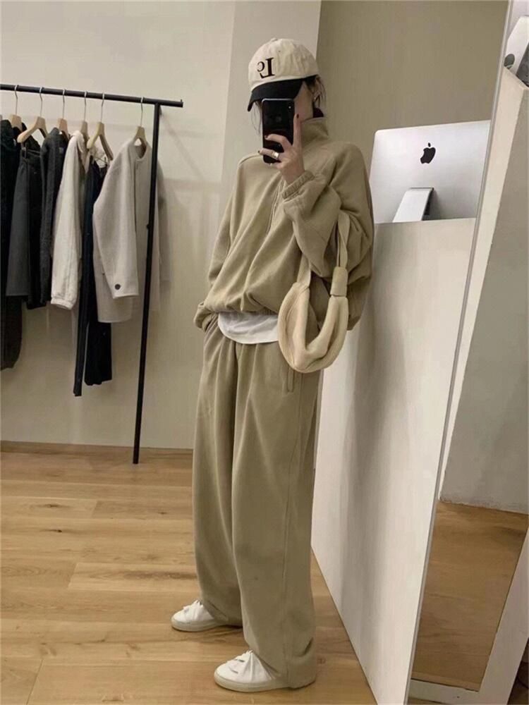 Fashion Trendy Women's Casual Sporty Outfit for Spring and Autumn, Loose Fit with Stand-Up Collar Hoodie and Matching Pants Two-Piece Set