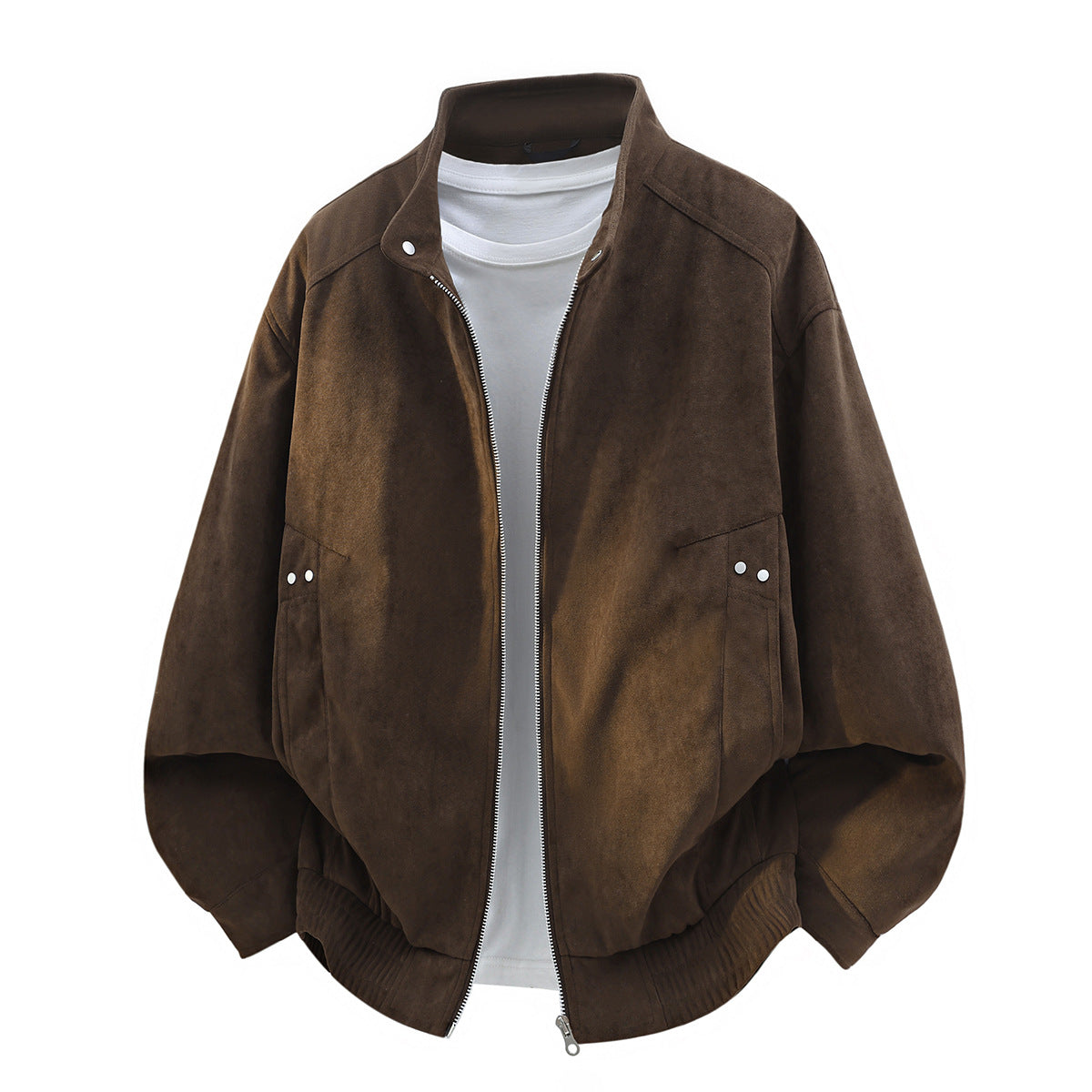 Old Money Style Faux Suede Men's Jacket Stand Collar Loose Fit with Rivet Details