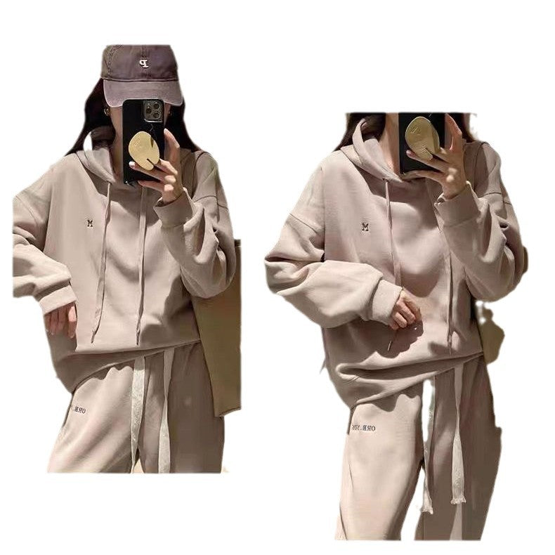 Fashionable  Women's Hoodie Set with Letter Embroidery and Casual Cuffed Pants, Two-Piece Outfit