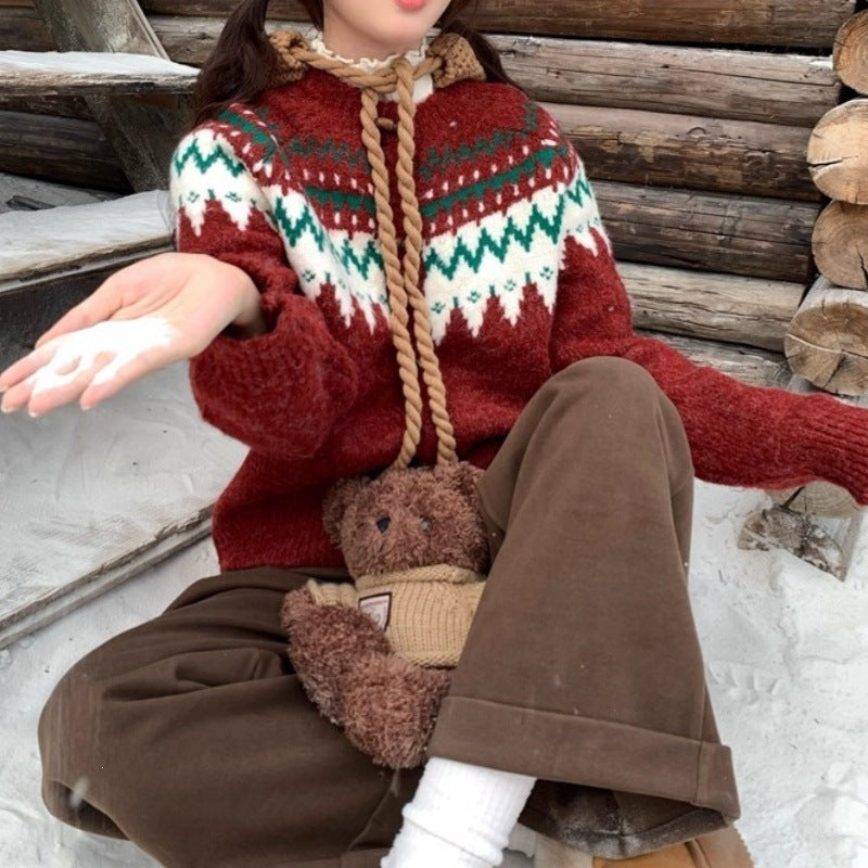 Cow horn buckle lazy style sweater cardigan jacket for women