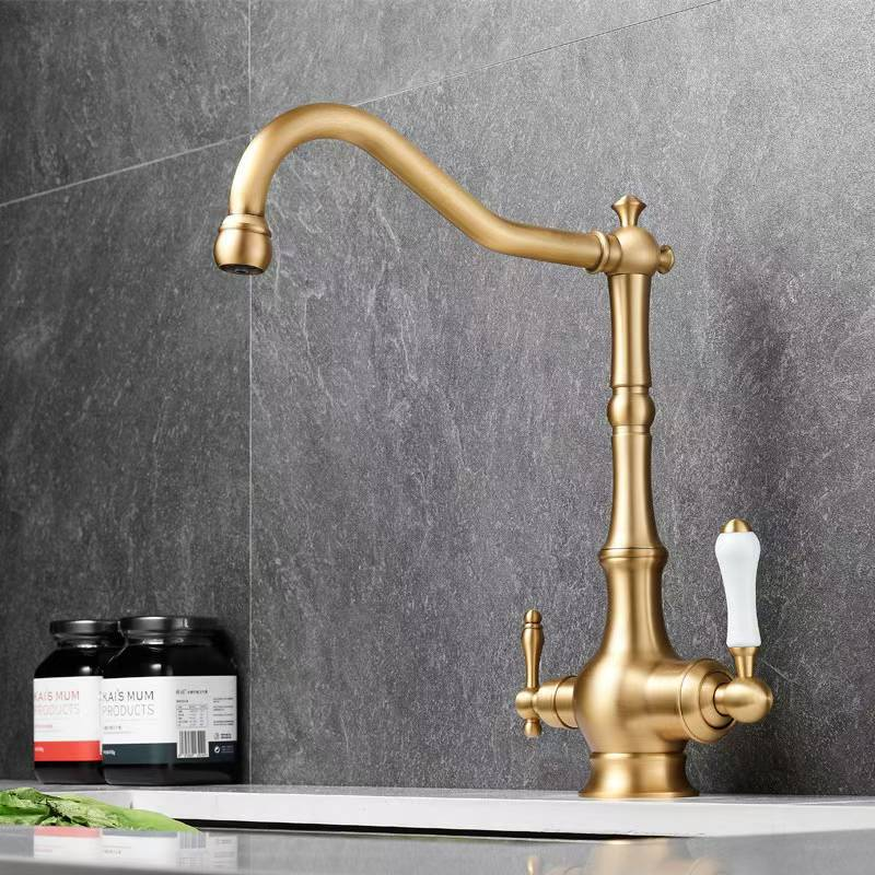 Copper Retro Mid-Century Bamboo Node Cold Hot Kitchen Faucet Balcony Sink Outdoor Freeze-Resistant Washing Machine Spout