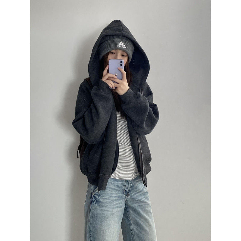 Women's Vintage Hooded Baseball Cardigan Sweatshirt Jacket Loose Casual