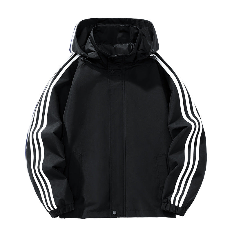Casual Hooded Jacket for Men, Spring and Autumn Style, Trendy Three-Stripe Design, Loose Fit, Sporty Outerwear