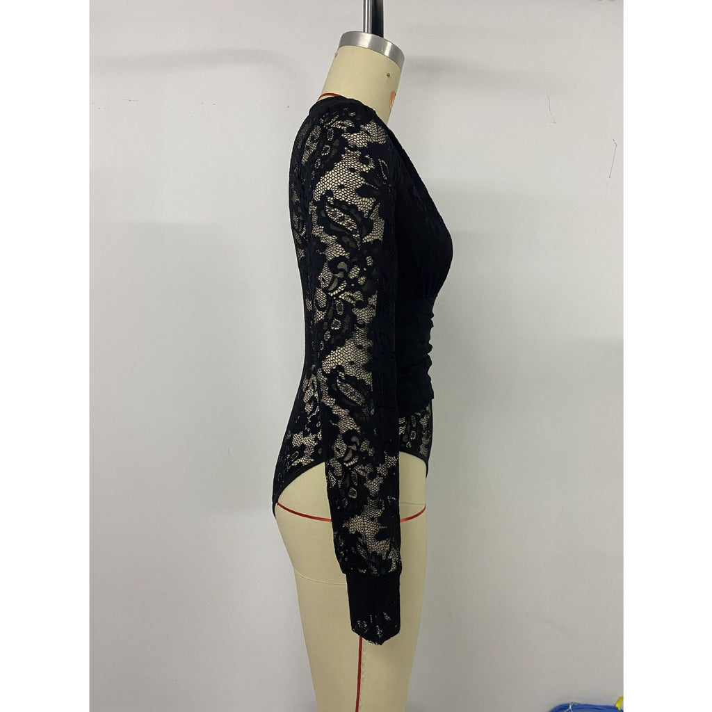 Black Long Sleeve V-Neck Lace Hollow Out Fitted Bodysuit