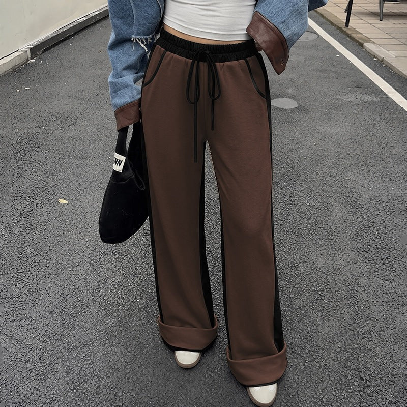 Color Block Spliced Thickened High Waist Cuffed Sweatpants for Women