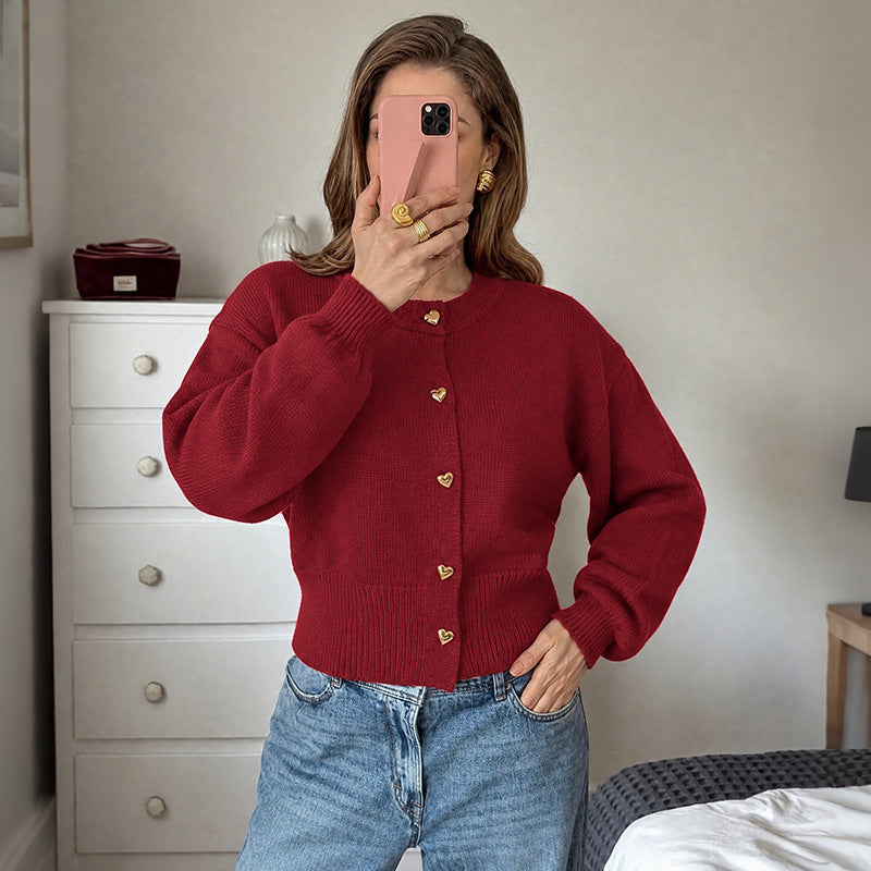 Red Christmas Heart Knit Cardigan for Women with Button Closure