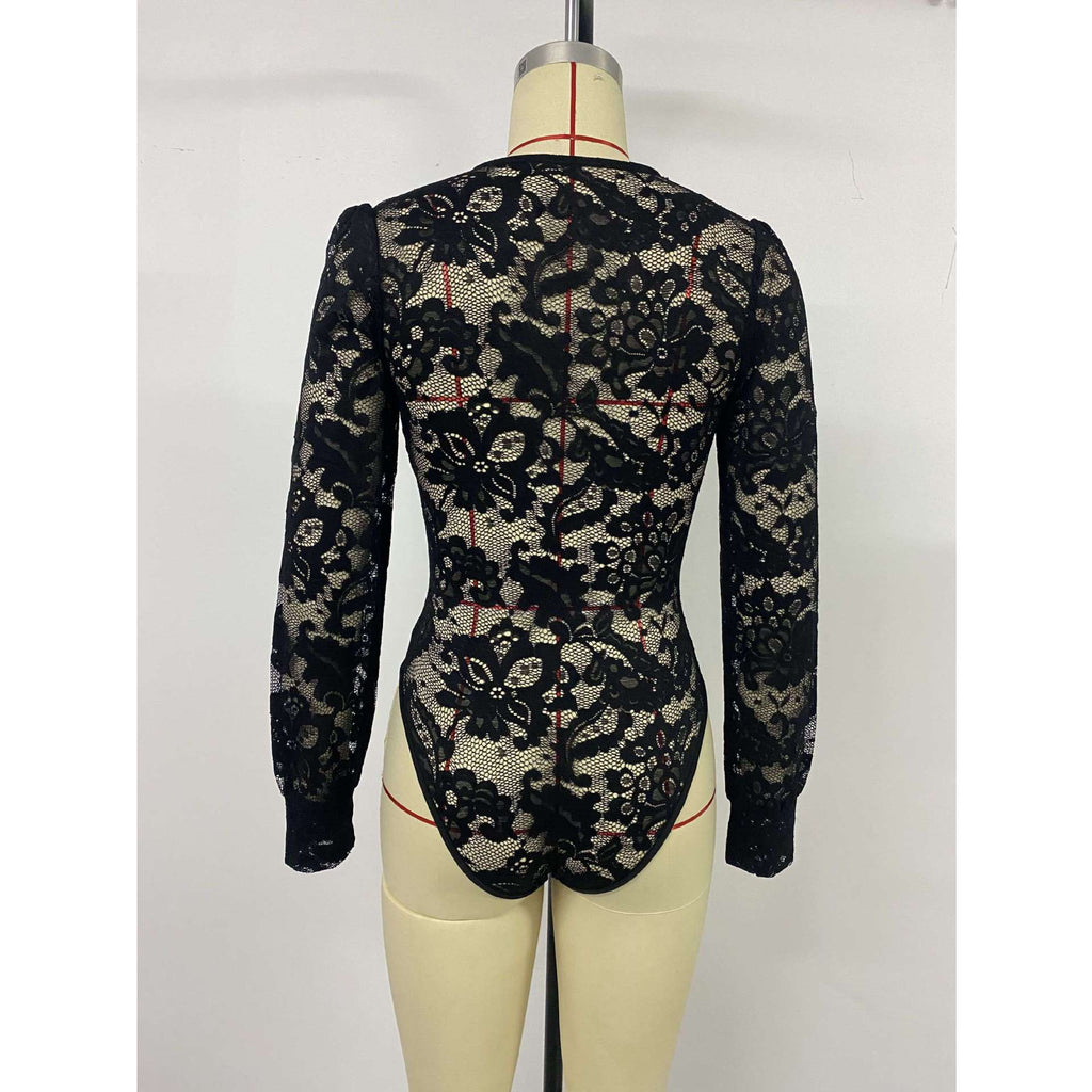Black Long Sleeve V-Neck Lace Hollow Out Fitted Bodysuit