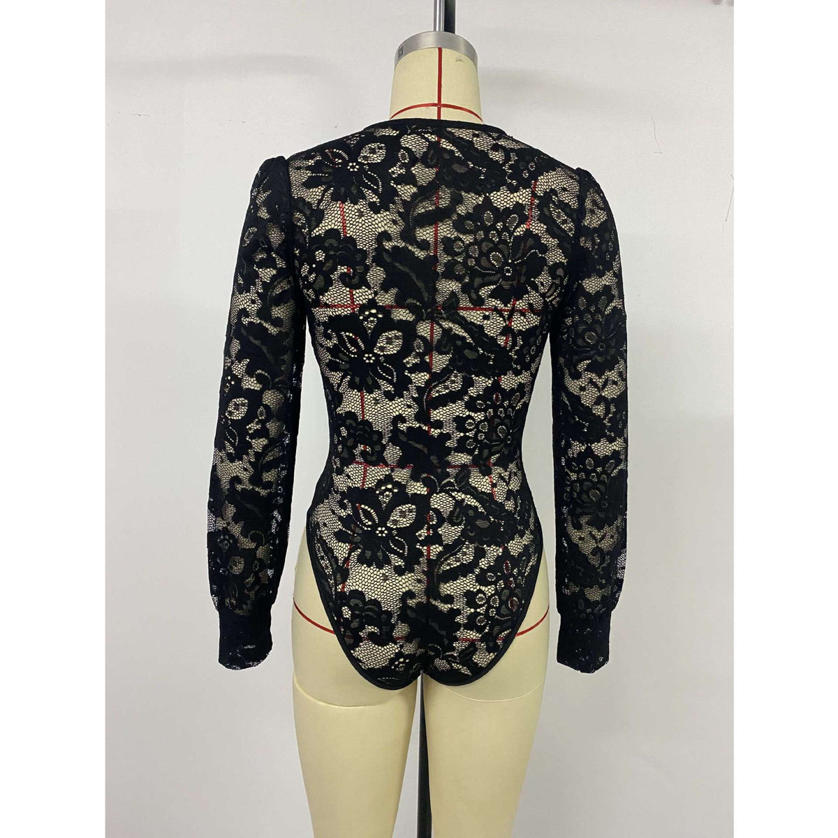 Black Long Sleeve V-Neck Lace Hollow Out Fitted Bodysuit