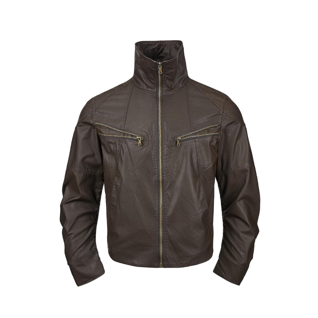 Deconstructed Stand Collar PU Leather Hunting Jacket