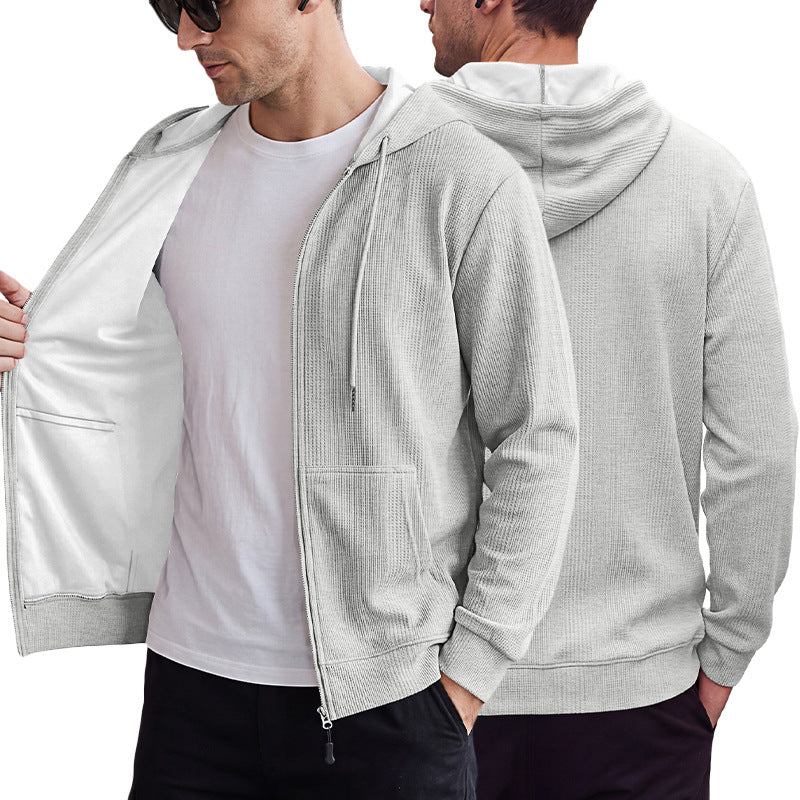 Men's Heavyweight Jacquard Waffle Hooded Loose Open Cardigan Sweatshirt