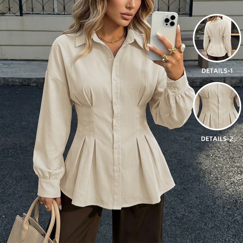 Casual Ruffle Long Sleeve Turn-down Collar Waist-Cinching Women's Shirt