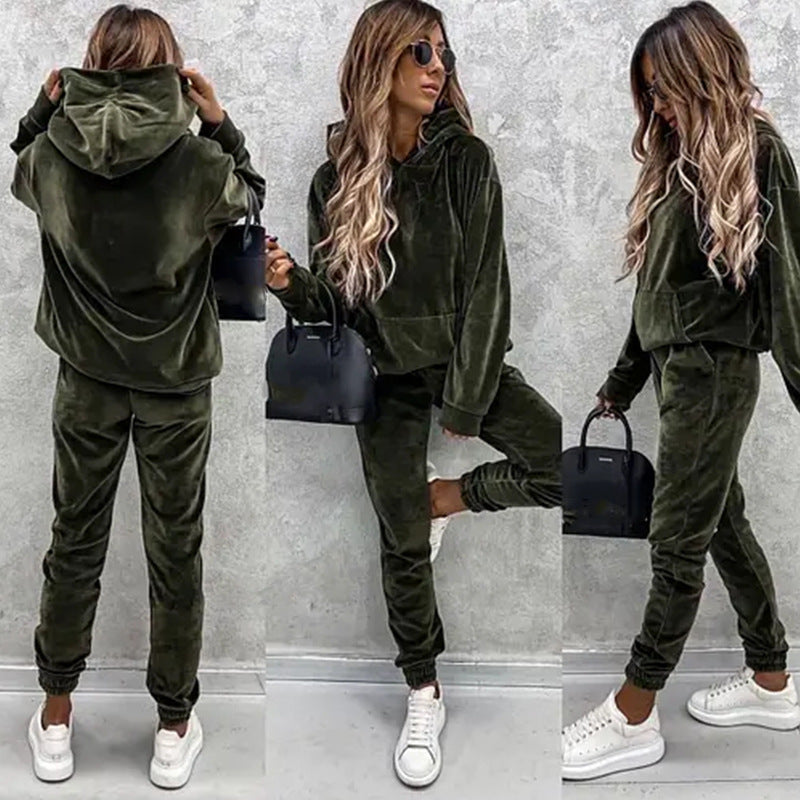 Women's Set Solid Color Hooded Sweatshirt and Sports Long Pants  Two-Piece Set