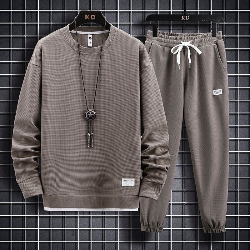 Men's Waffle Knit Casual Long Sleeve Long Pants Two-Piece Set