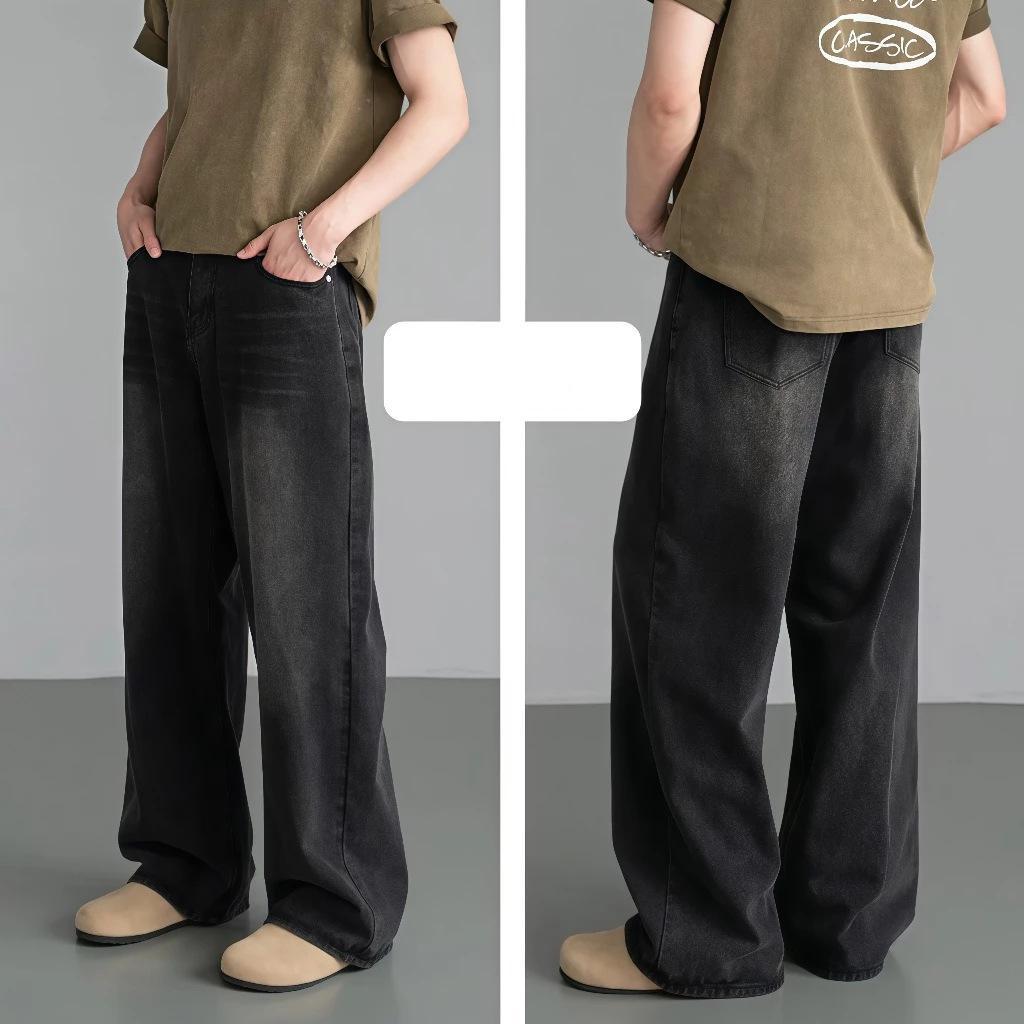 Vintage Denim Pants Men Washed Wide Leg Retro Distressed Loose Straight Leg Long Trousers