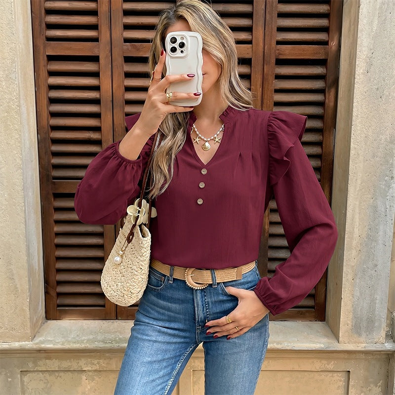 Ruffled Long Sleeve V-Neck Blouse