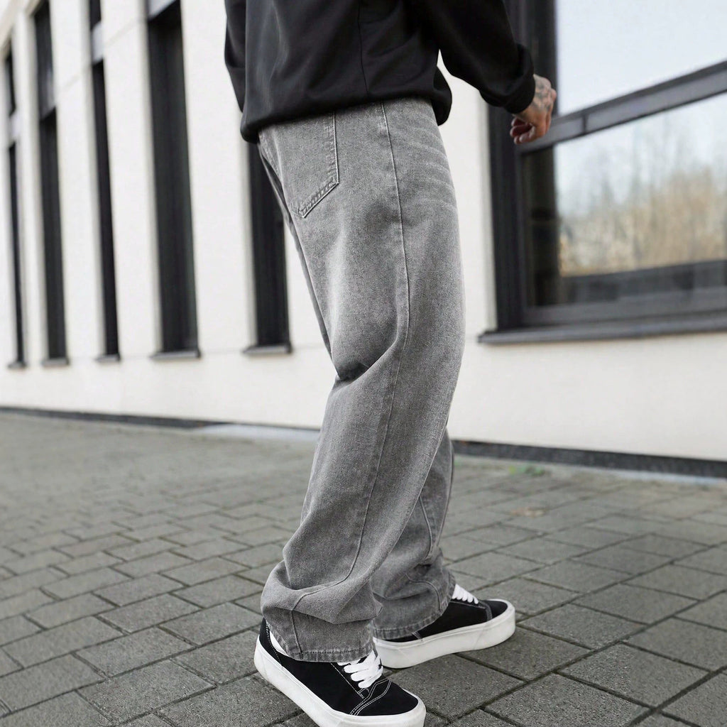 Comfortable Casual Men's Distressed Washed Gray Jeans for Daily Fashion and Commute