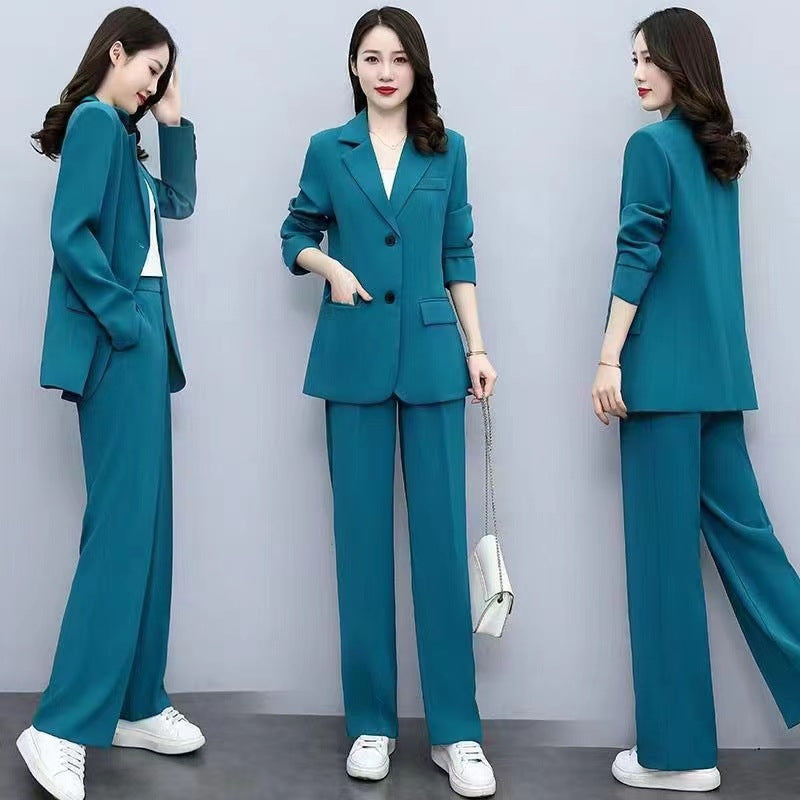 Professional Woman's Autumn/Winter New Set, Elegant and Slim-Fitting Long Sleeve Suit Jacket with Wide-Leg Pants Two-Piece Outfit for Women