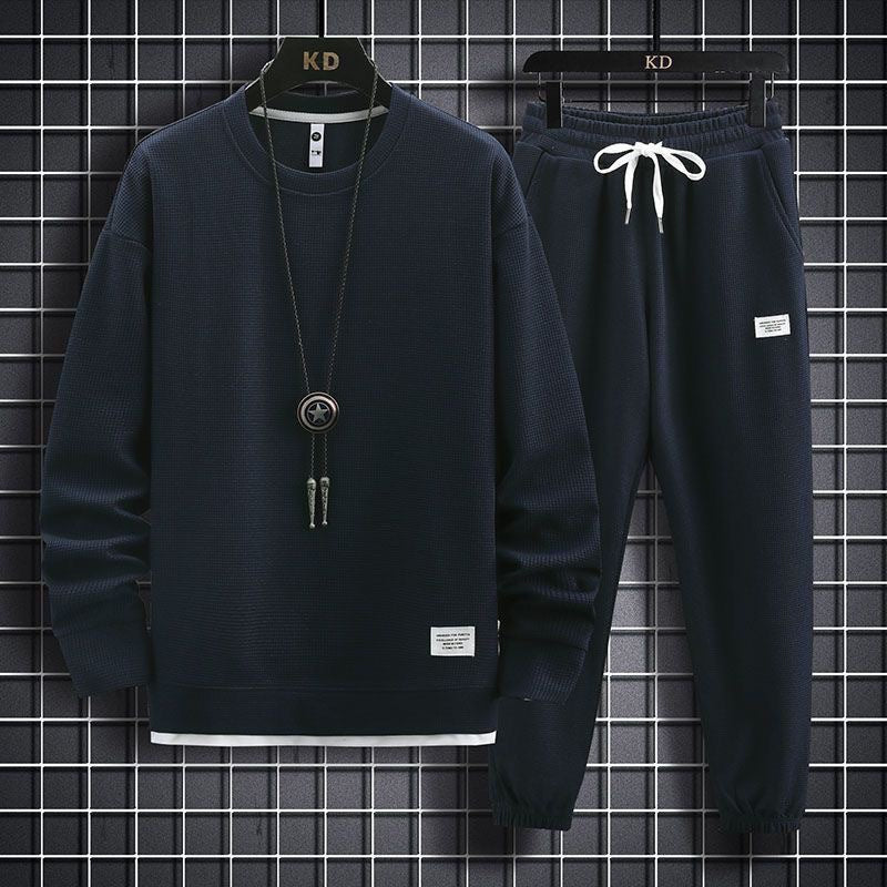 Men's Waffle Knit Casual Long Sleeve Long Pants Two-Piece Set