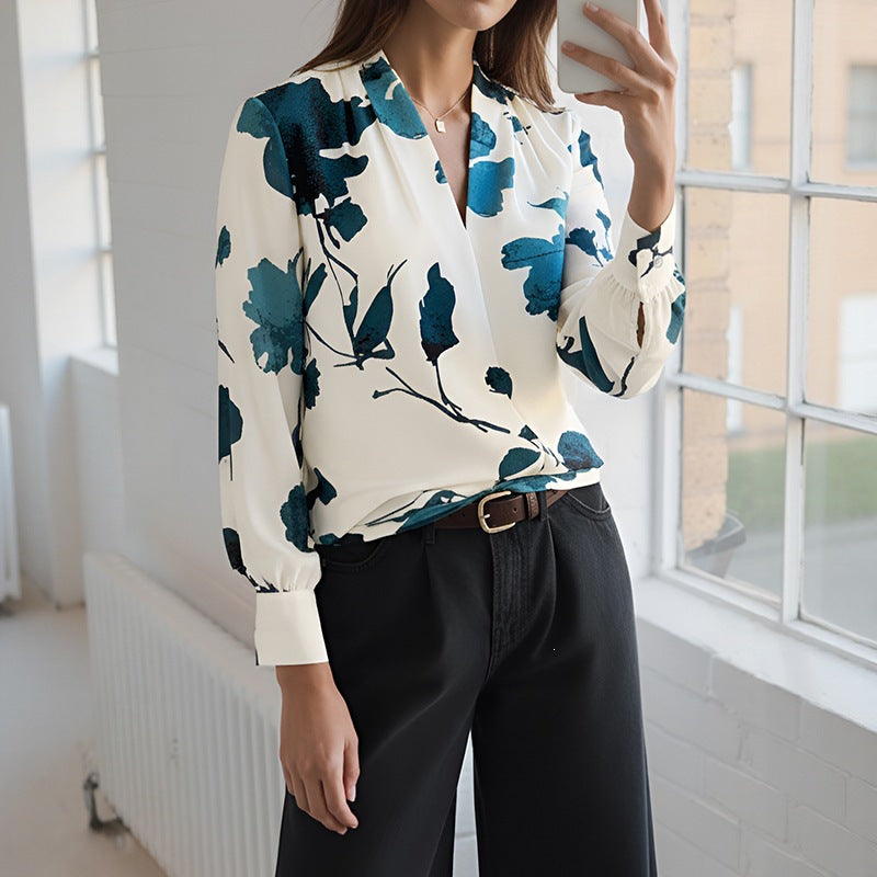 Floral Print Long Sleeve V-Neck Shirt