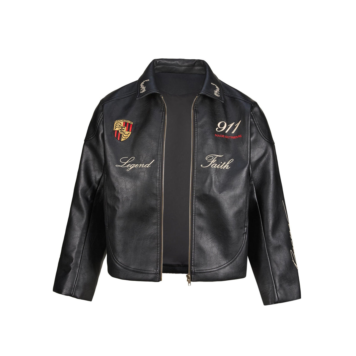 Street Biker Heavy Embroidery Long Sleeve PU Leather Zipper Lapel Crop Men's Jacket