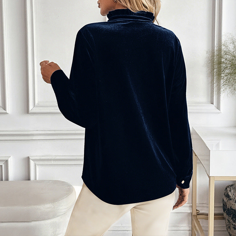 Solid Color Long Sleeve V-Neck Velvet Shirt for Women