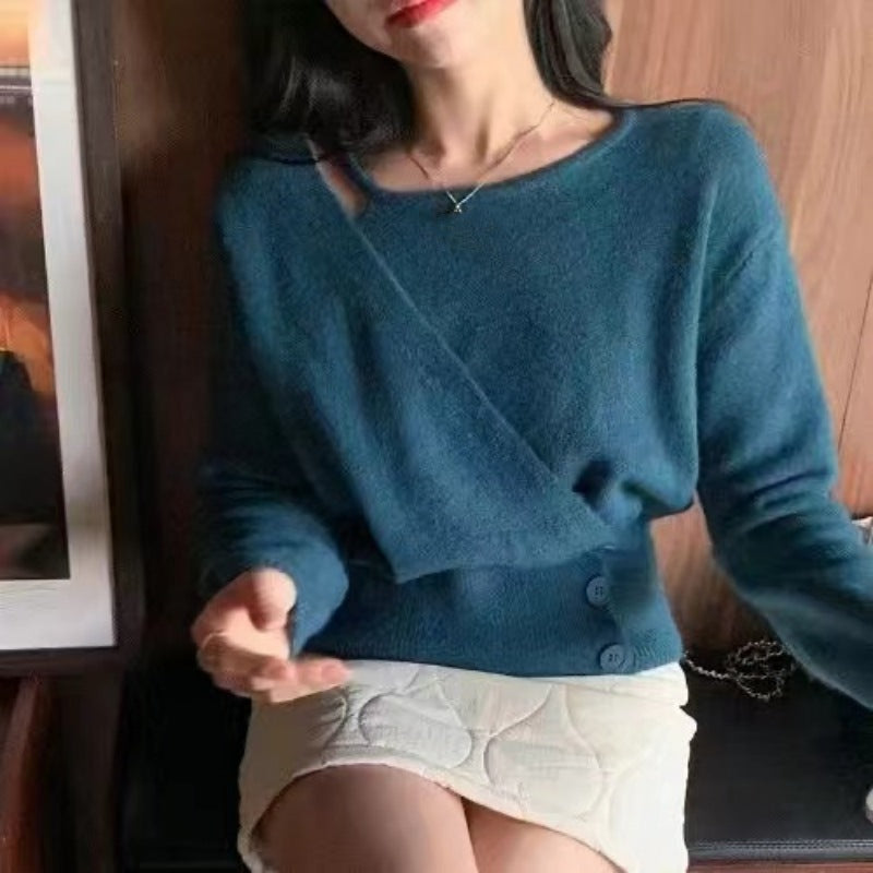 Irregular three button knit long sleeved sweater for women