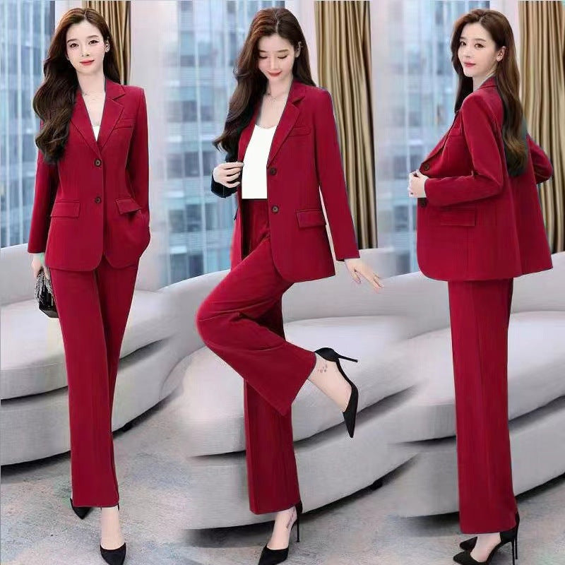Professional Woman's Autumn/Winter New Set, Elegant and Slim-Fitting Long Sleeve Suit Jacket with Wide-Leg Pants Two-Piece Outfit for Women