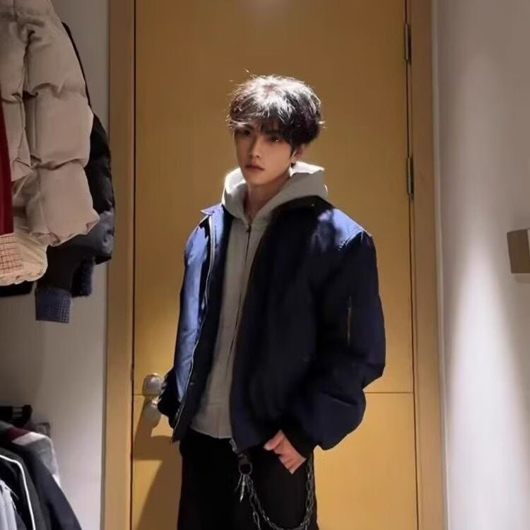 Clean Fit Short Loose Lapel Bomber Jacket Men's Navy Blue