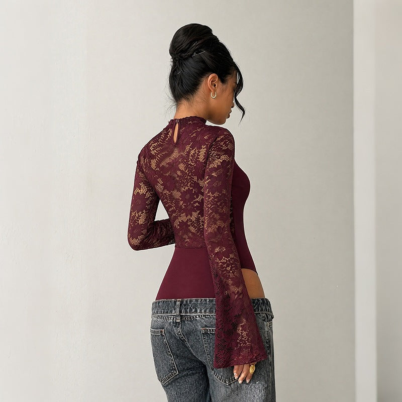 Women's Lace Long Sleeve Mock Neck Cut Out Sheer Spliced Jumpsuit