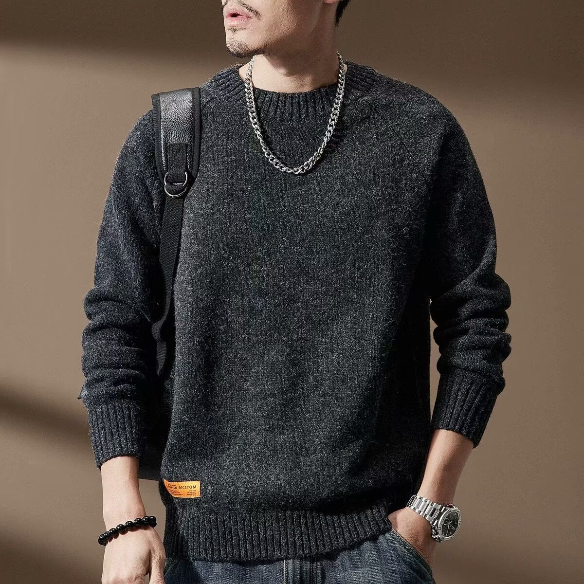 Men's Vintage Long Sleeve Crew Neck Knit Sweater - Loose Fit Thick Pullover Top