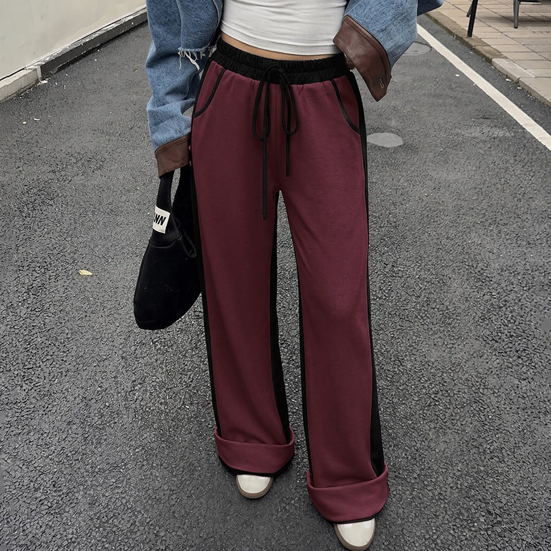 Color Block Spliced Thickened High Waist Cuffed Sweatpants for Women