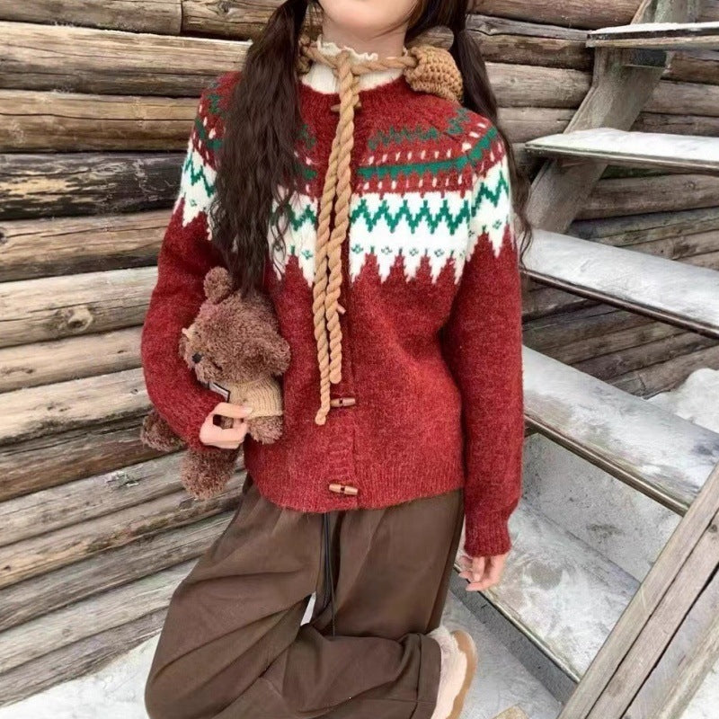 Cow horn buckle lazy style sweater cardigan jacket for women