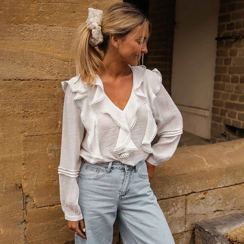 Lace Splicing Ruffle Long Sleeve V-Neck White Women's Shirt